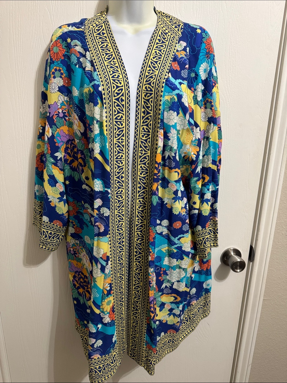 Soft Surroundings Kimono Open Front Vibrant Bright Floral Cardigan Lrg Colorful